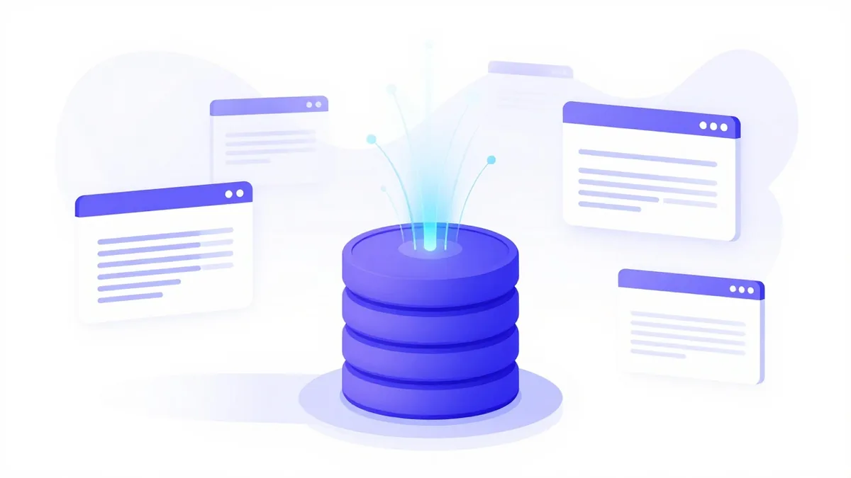 A database stack with streams of data flowing out to several browser windows
