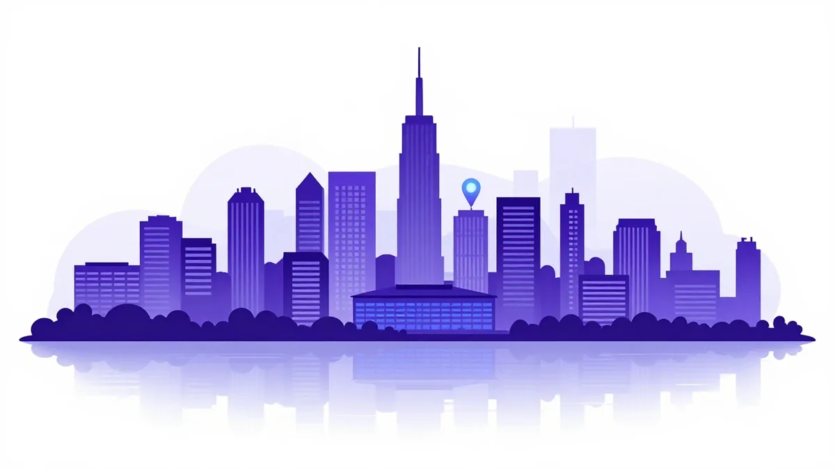 A lakeside city skyline with a data centre building and a location pin, standing for the Chicago data centre