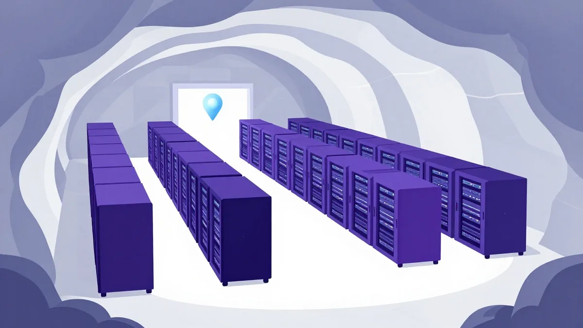 Rows of server racks inside a hall carved into rock, standing for the underground Finnish data centre
