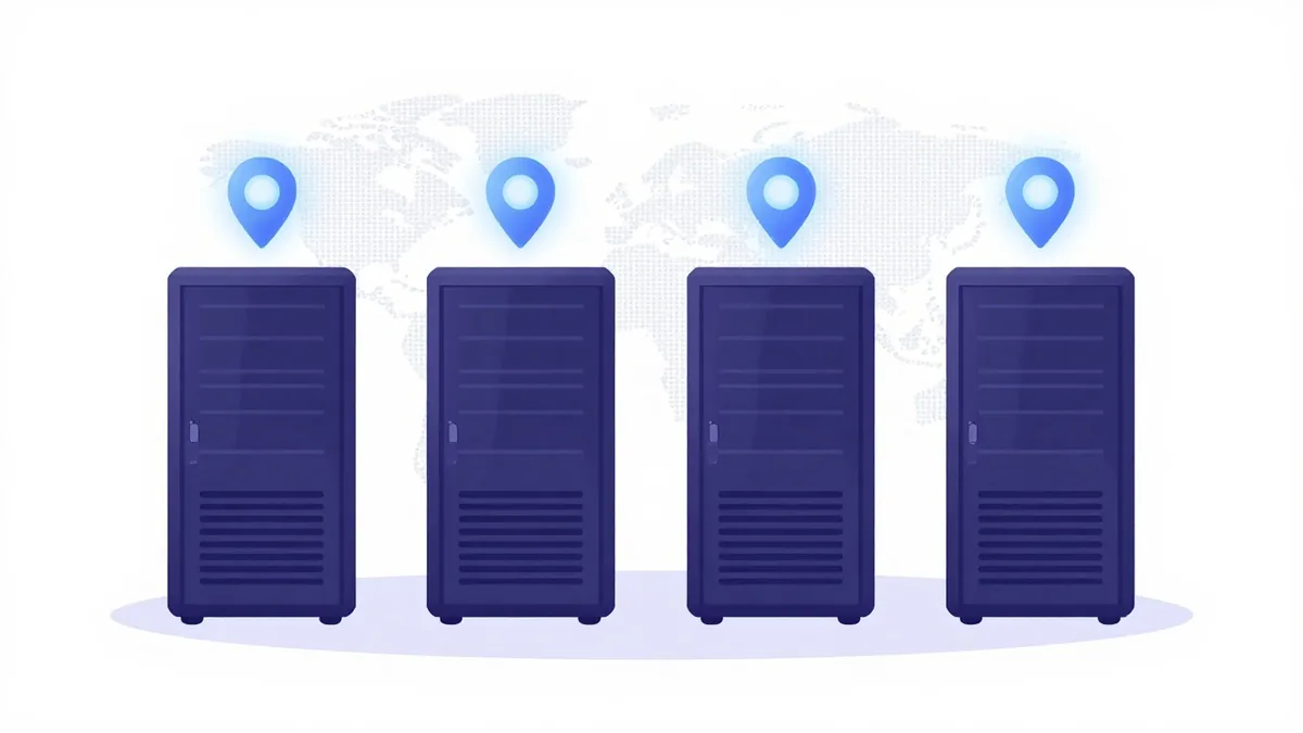 Four server cabinets in a row, each with a location pin above it, standing for a choice of data centres