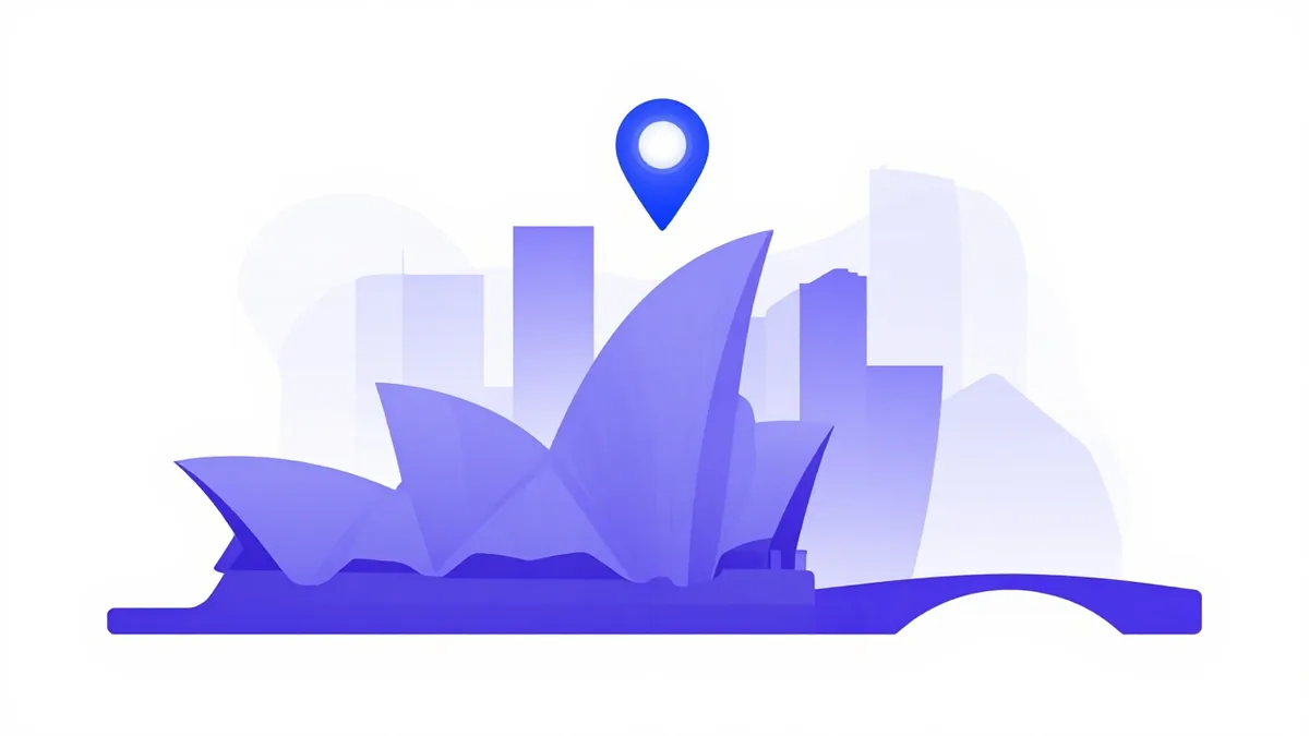 A harbour city skyline with a sail-shaped building and a location pin, standing for the Sydney data centre