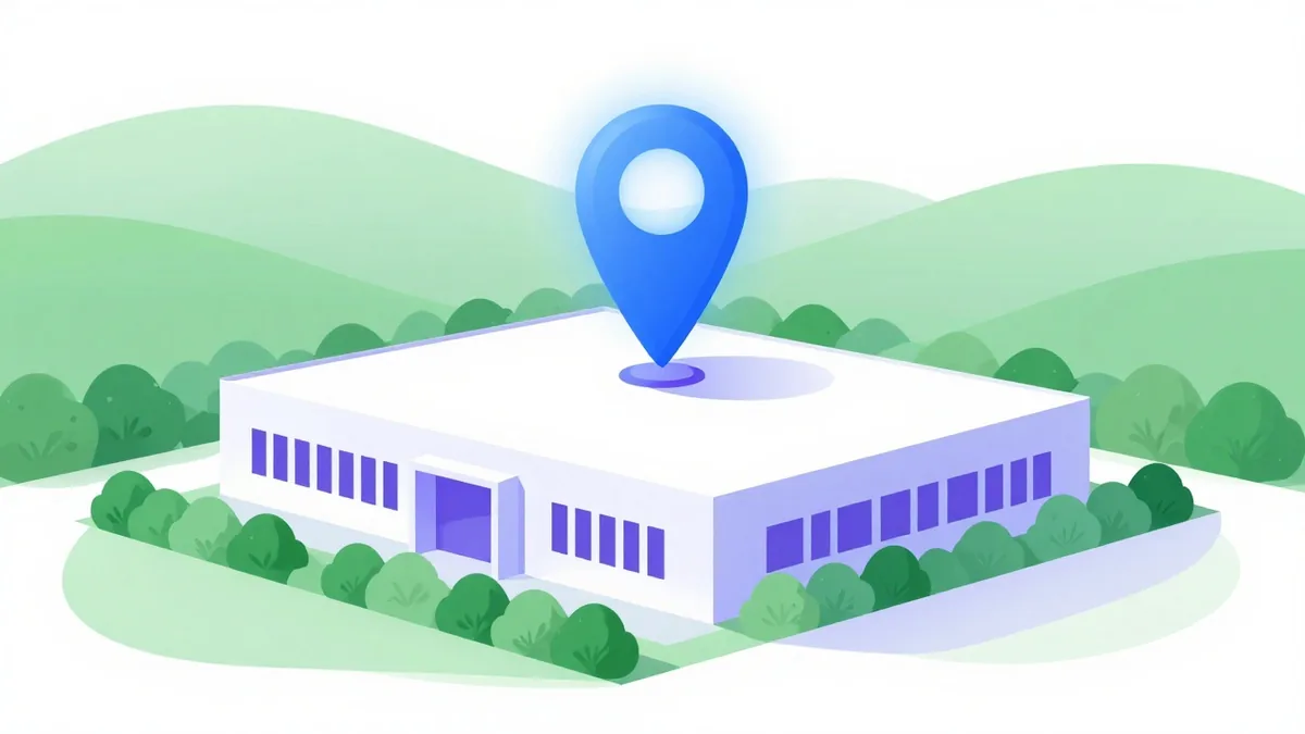 A data centre building in green rolling countryside with a location pin, standing for the UK data centre