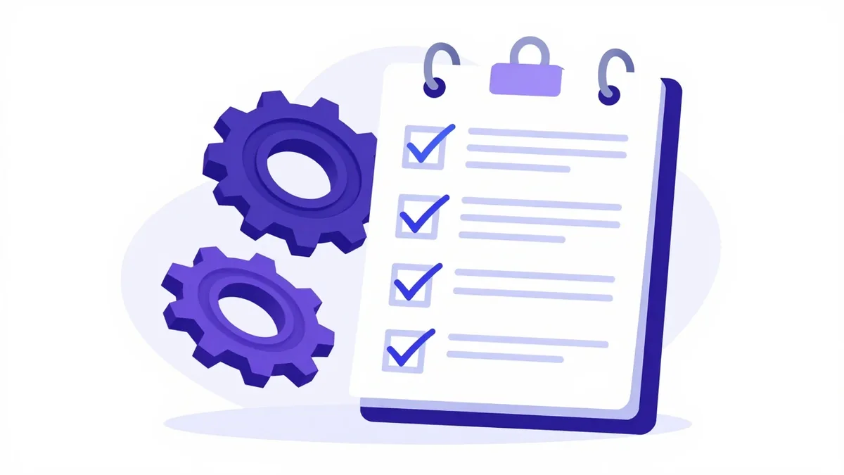Gears beside a checklist with three items ticked, standing for a server set up and tested for you