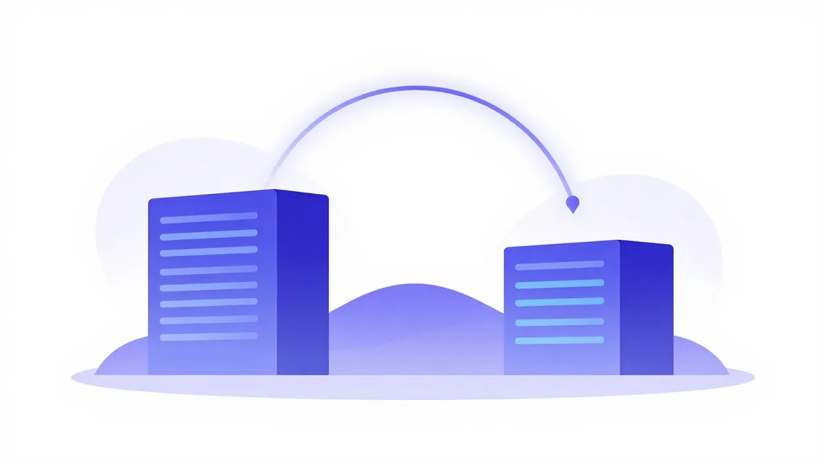 Two data centre buildings joined by an arc, standing for a choice of locations