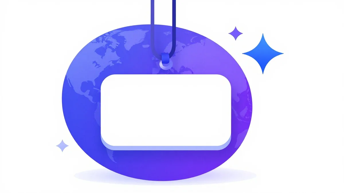 A blank name tag hanging from a globe, standing for claiming a domain name