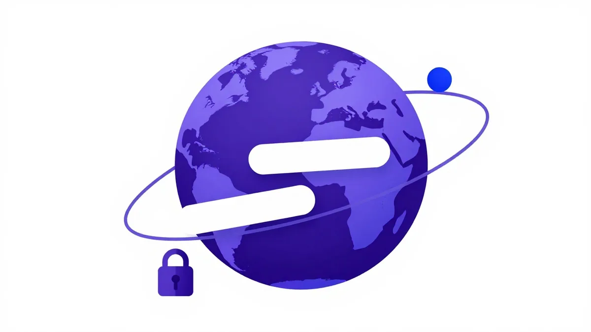 A globe with blank address bars orbiting it and a padlock, standing for domain names managed in one place