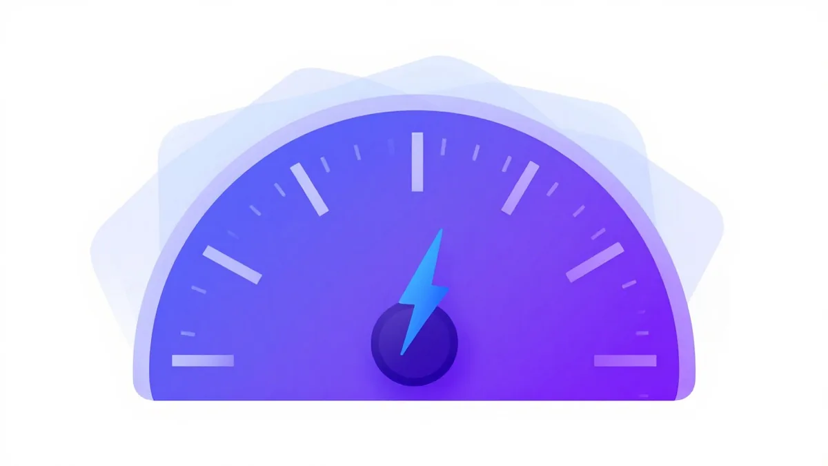A speed gauge in front of layered cache cards with a spark, standing for caching tools