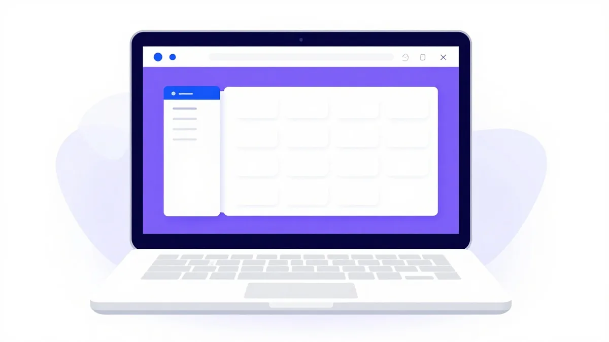 A clean control panel dashboard of rounded tiles floating above a laptop