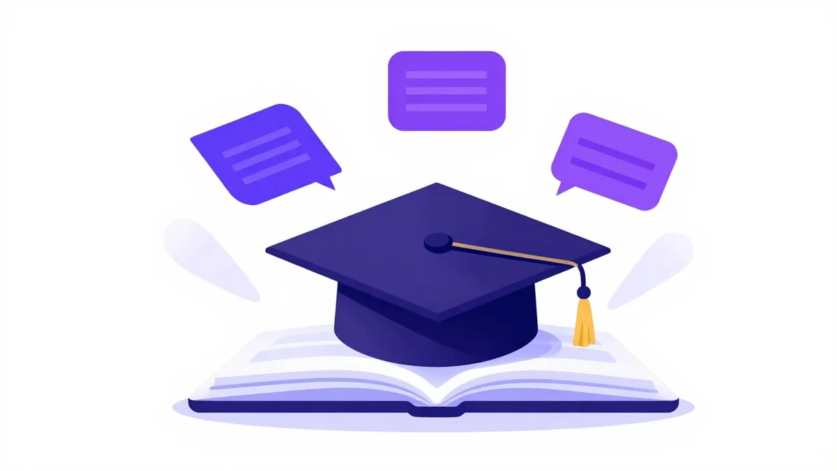 A graduation cap resting on an open book with course cards floating around it, standing for online teaching