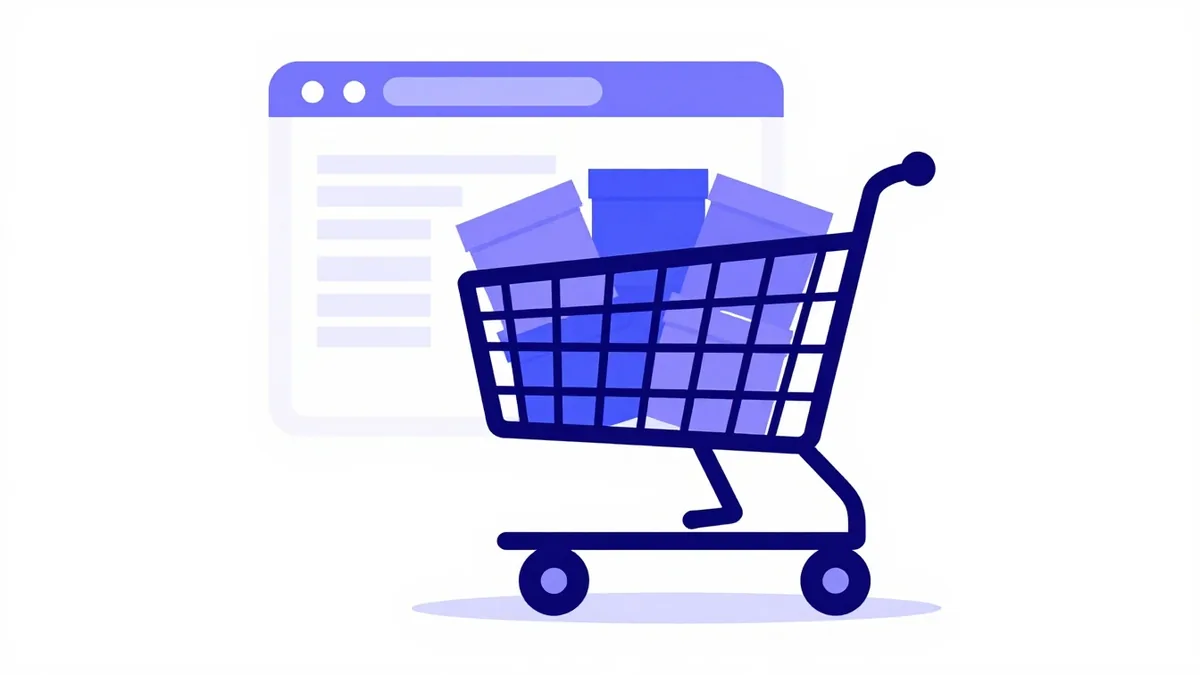 A shopping cart filled with product boxes in front of a browser window