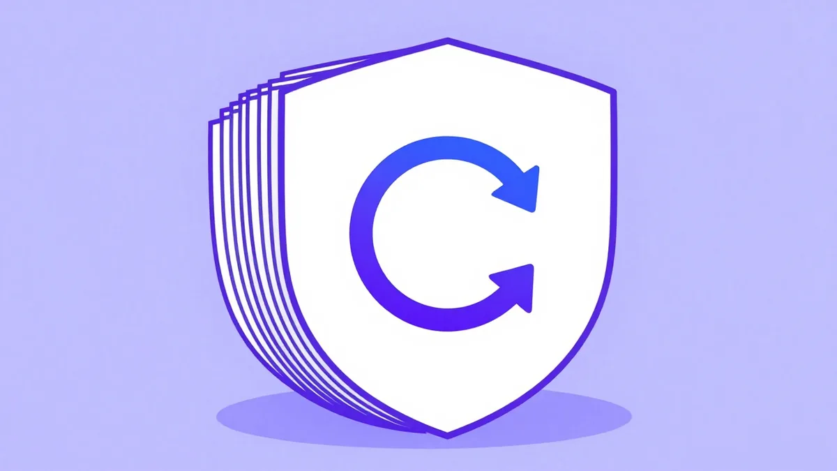 A shield in front of a stack of documents with a circular arrow, standing for daily backups