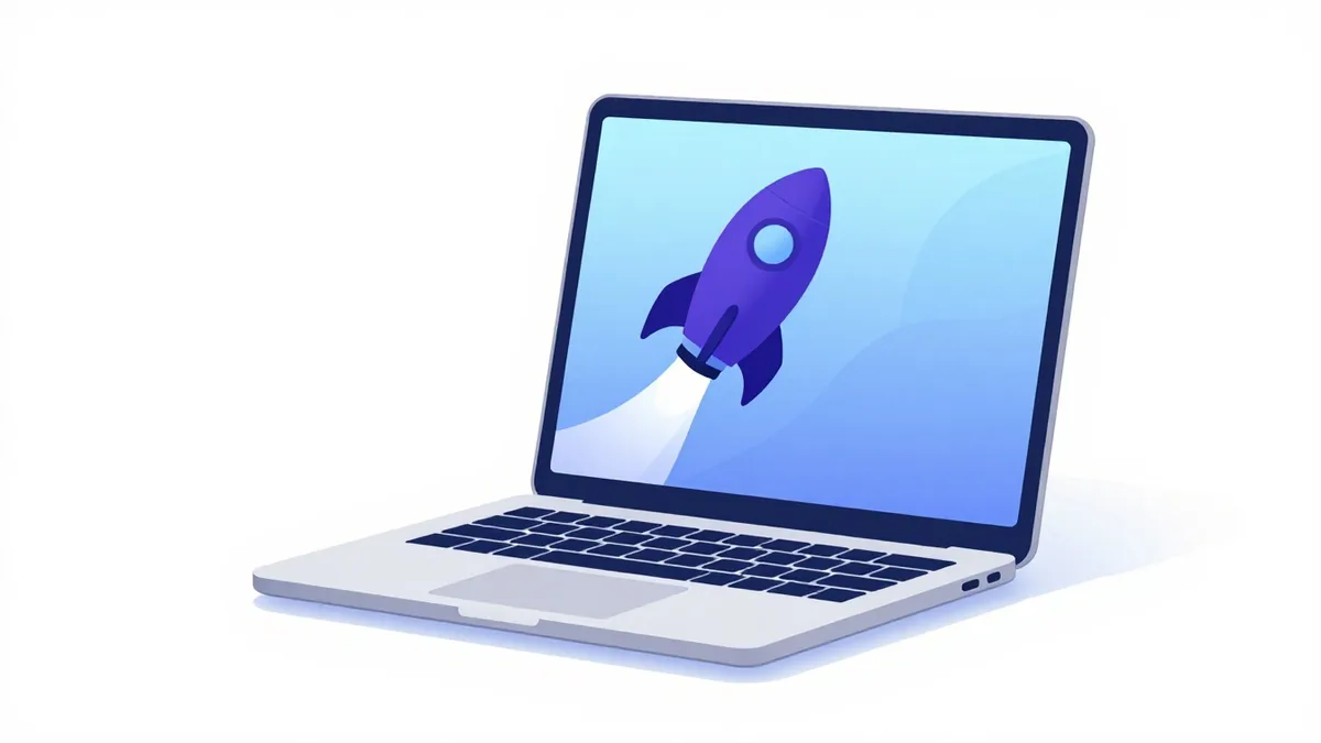 A laptop with a small rocket lifting off its screen, standing for a new site going live