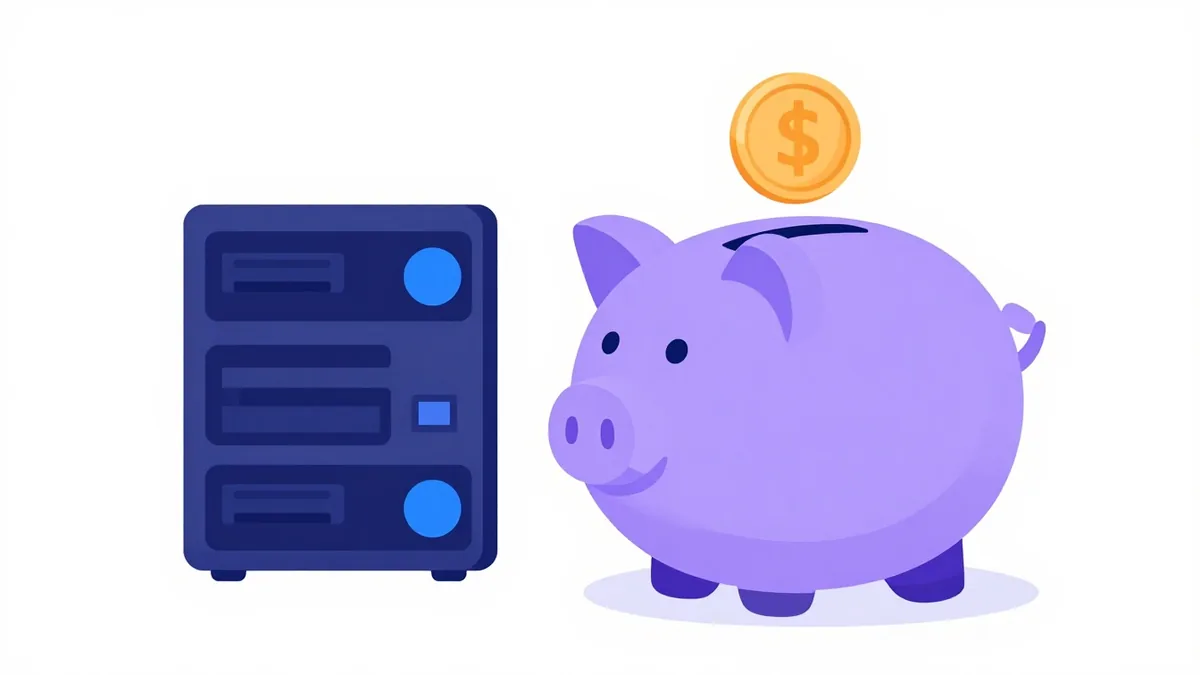 A piggy bank beside a small server, standing for affordable hosting