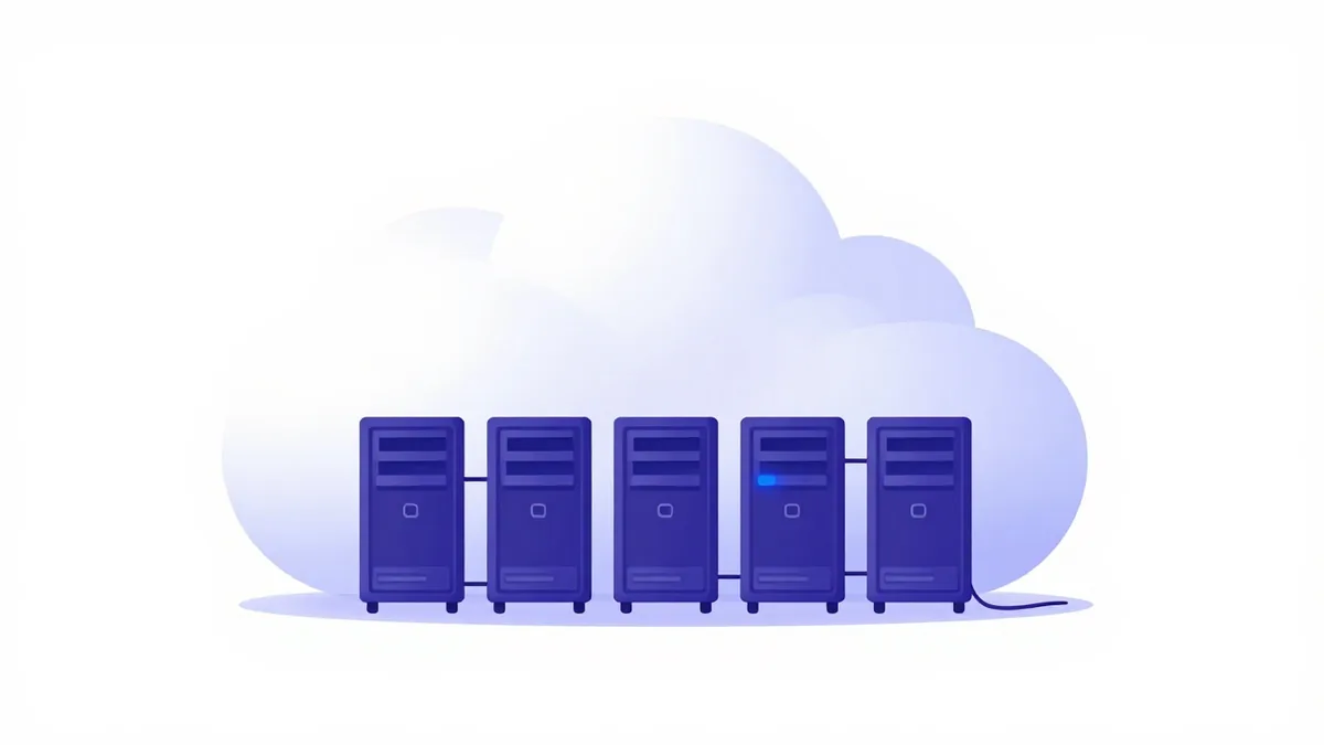 A cloud resting on a row of linked servers, standing for cloud hosting
