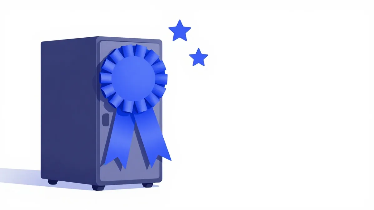A server with an award rosette and three stars, standing for quality hosting