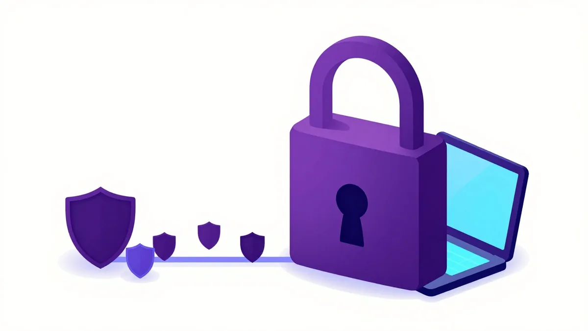 A padlock on a glowing line between a laptop and a server, standing for an encrypted connection