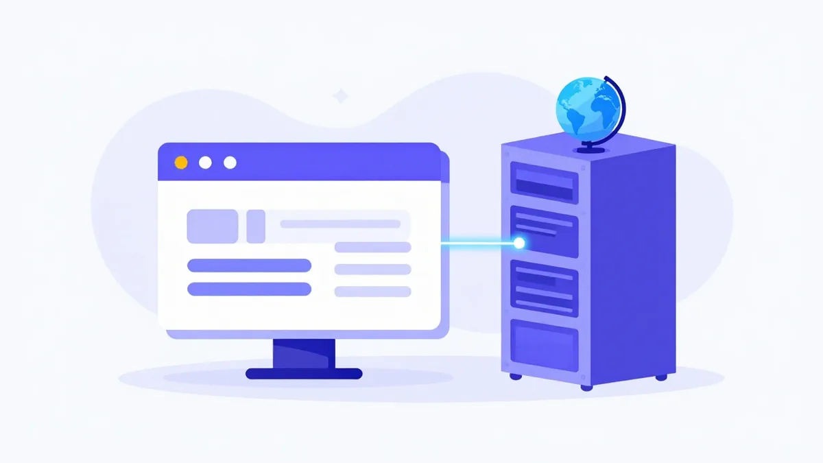 A browser window linked to a server through a small globe, standing for what web hosting is